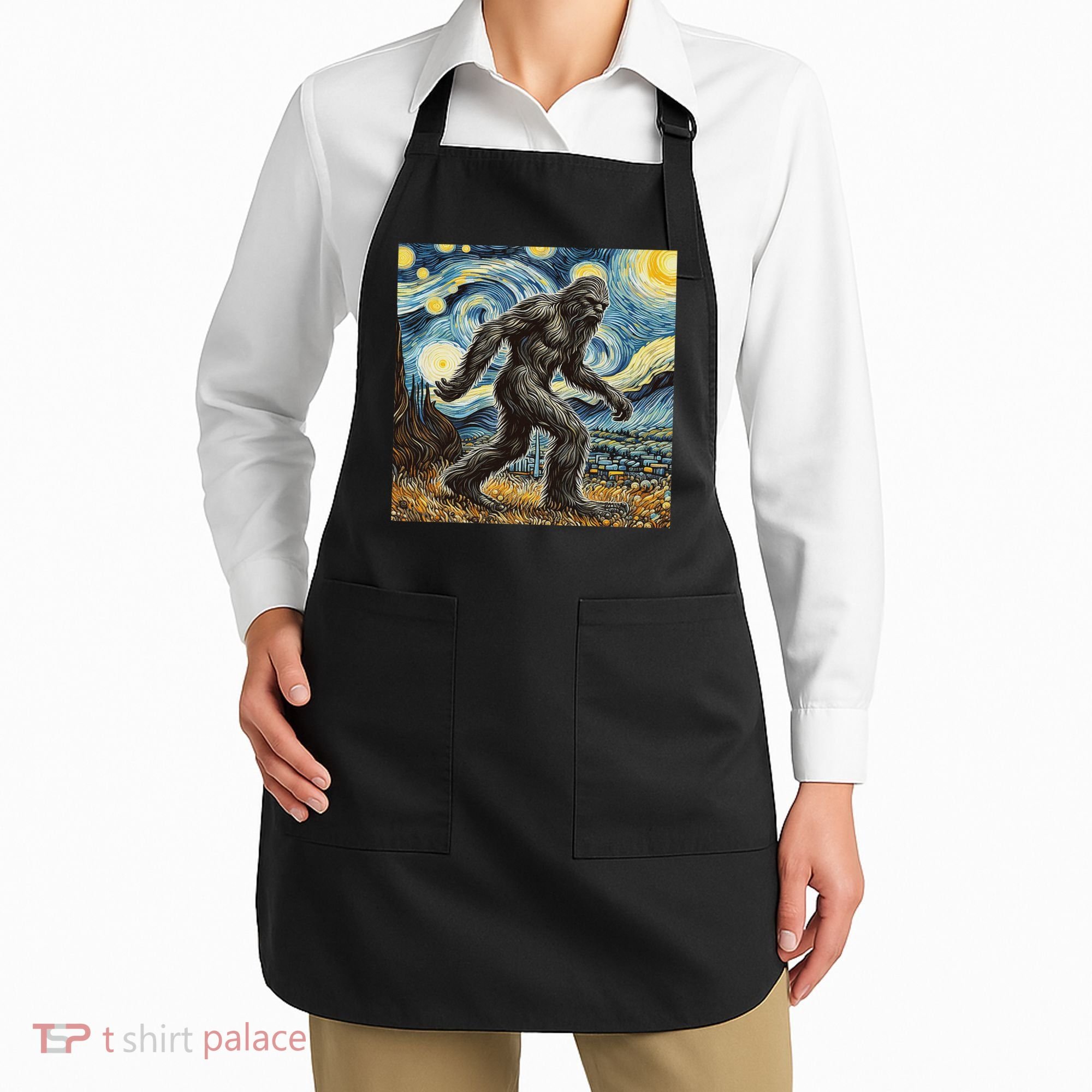 Funny Bigfoot Starry Night Sasquatch Van Gogh Sky Painting Apron