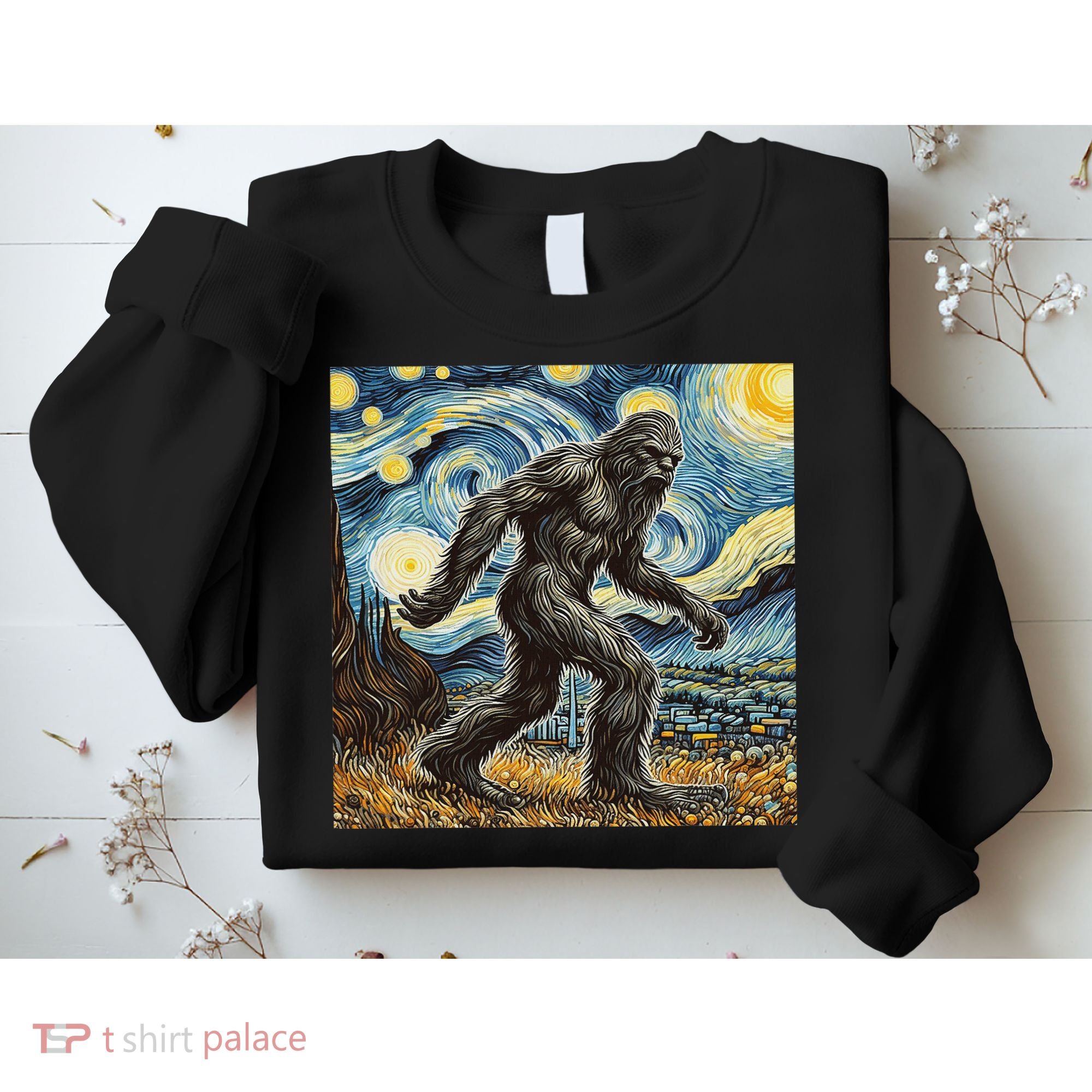 Funny Bigfoot Starry Night Sasquatch Van Gogh Sky Painting Sweatshirt