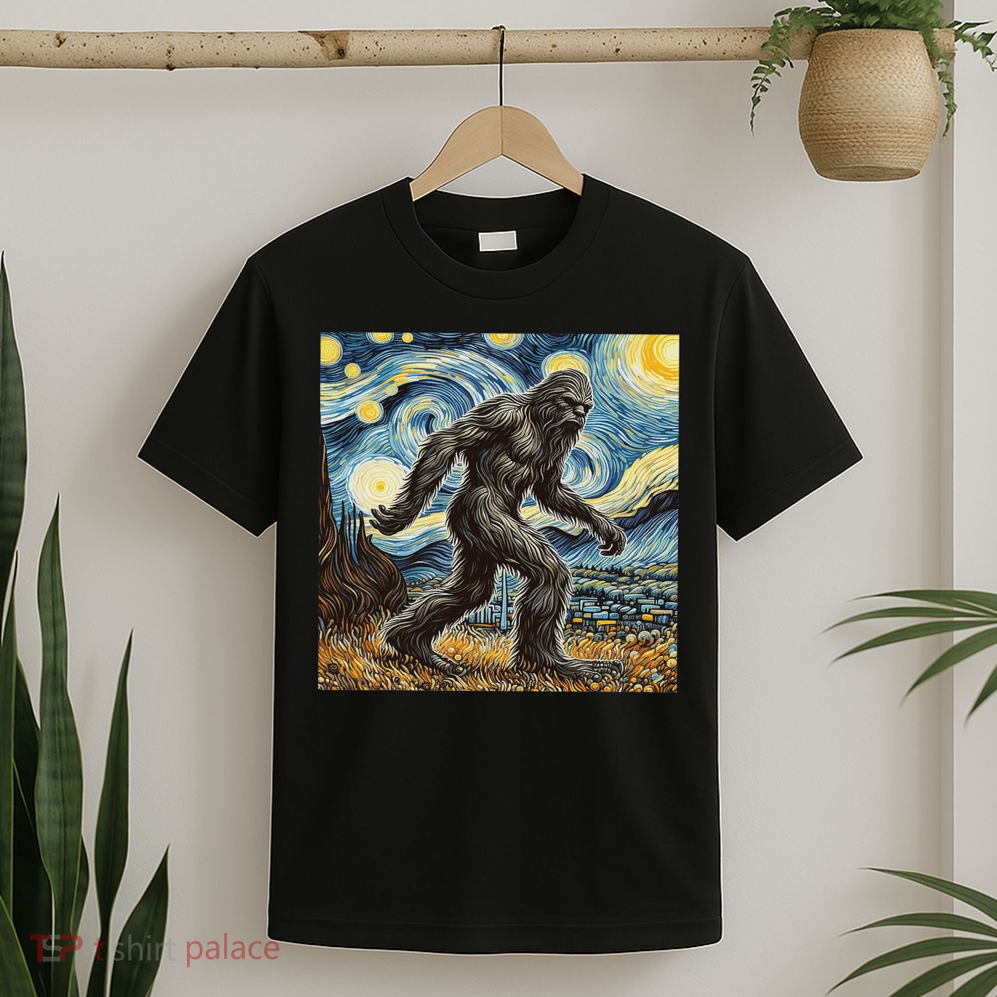 Funny Bigfoot Starry Night Sasquatch Van Gogh Sky Painting T-Shirt