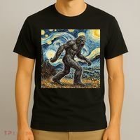 Funny Bigfoot Starry Night Sasquatch Van Gogh Sky Painting T-Shirt thumb 3