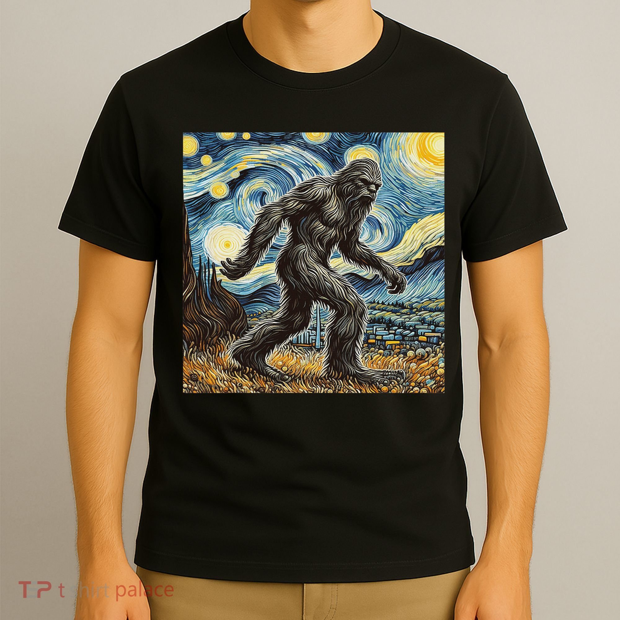 Funny Bigfoot Starry Night Sasquatch Van Gogh Sky Painting T-Shirt