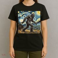 Funny Bigfoot Starry Night Sasquatch Van Gogh Sky Painting T-Shirt thumb 4