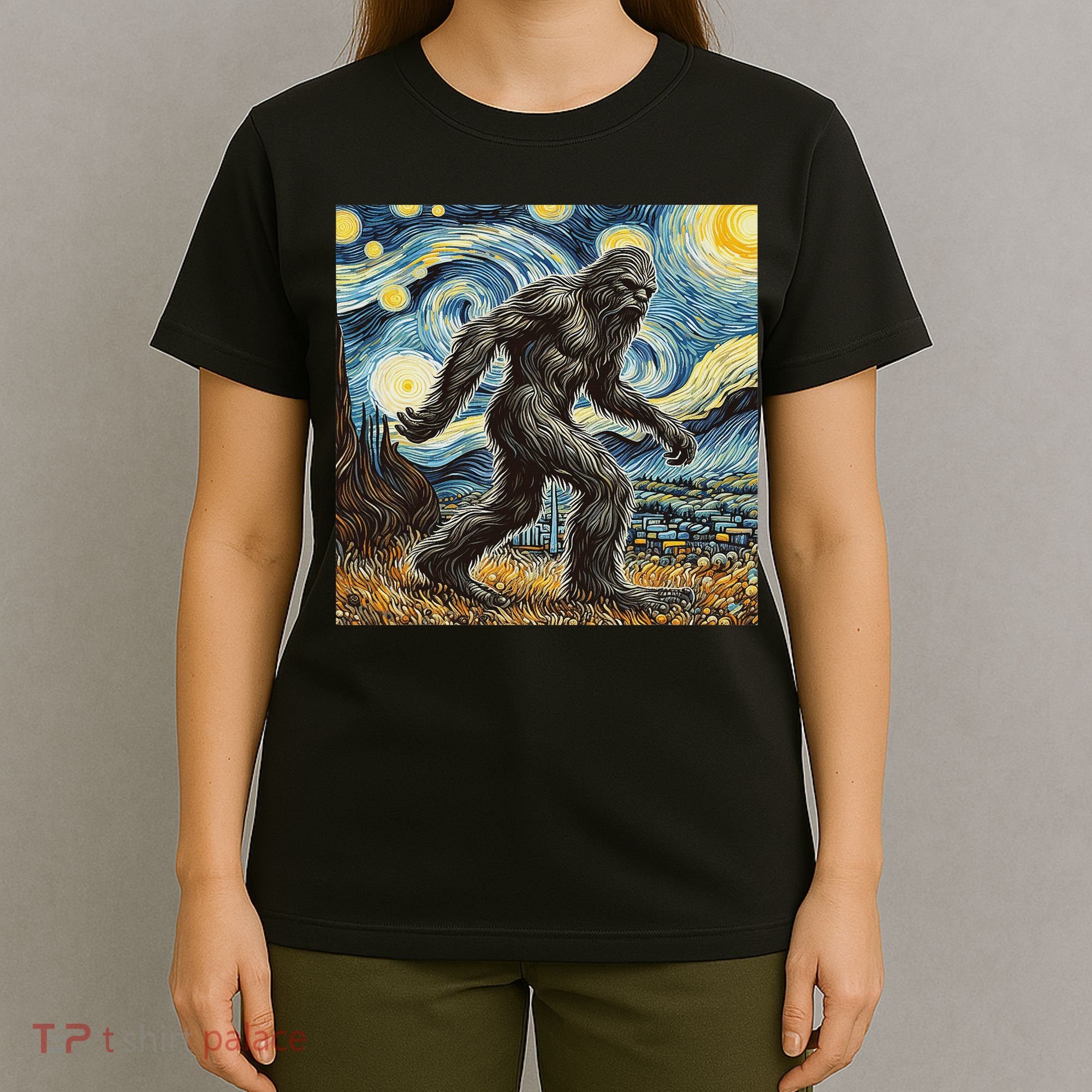 Funny Bigfoot Starry Night Sasquatch Van Gogh Sky Painting T-Shirt