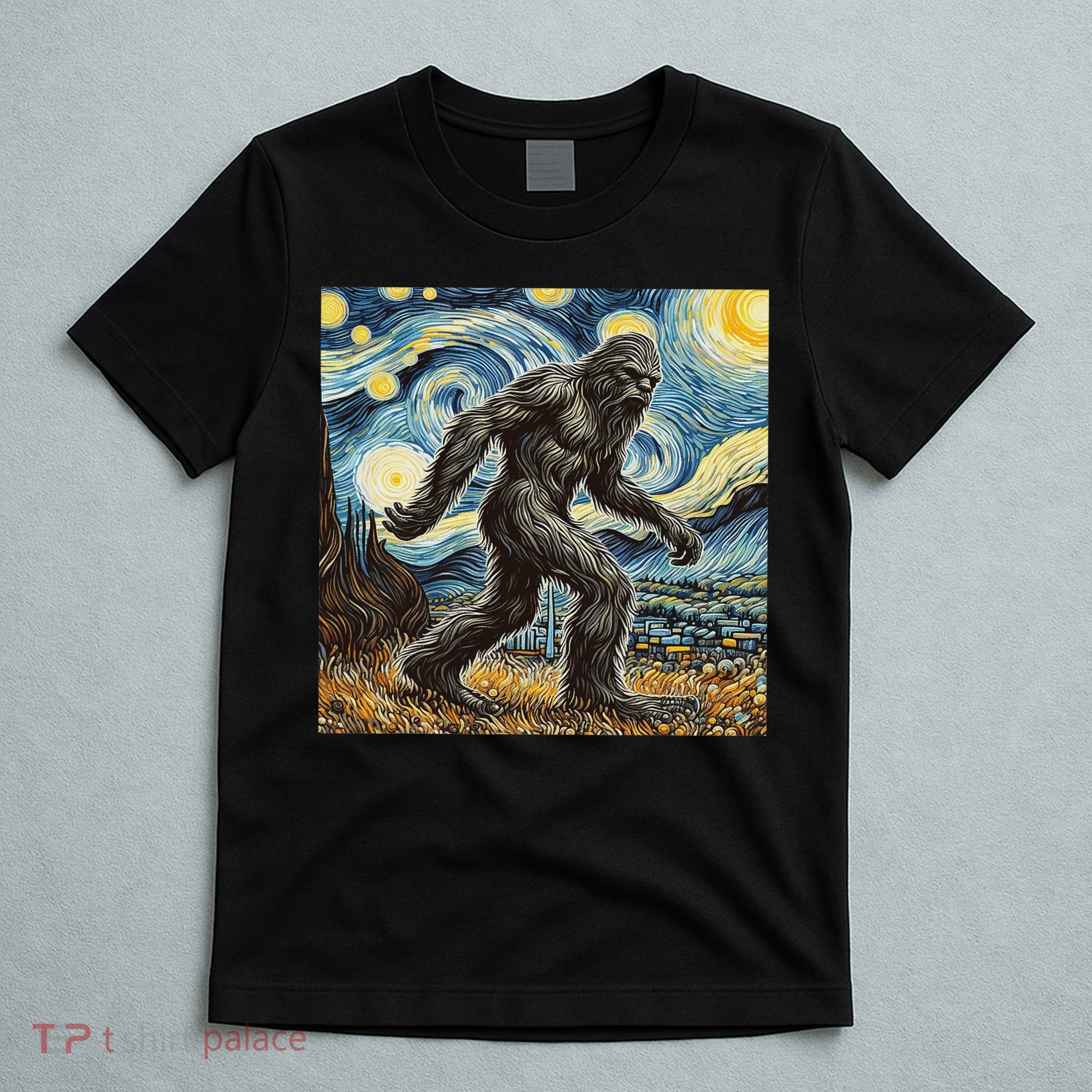 Funny Bigfoot Starry Night Sasquatch Van Gogh Sky Painting T-Shirt