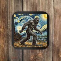 Funny Bigfoot Starry Night Sasquatch Van Gogh Sky Painting Coaster thumb 0