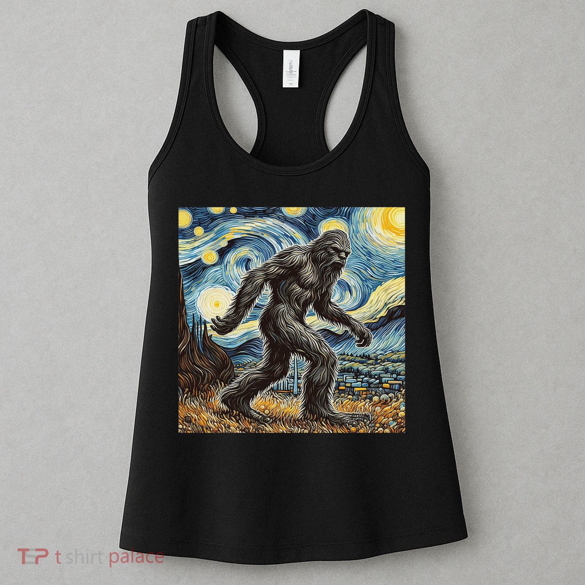 Funny Bigfoot Starry Night Sasquatch Van Gogh Sky Painting Women's Tank Top