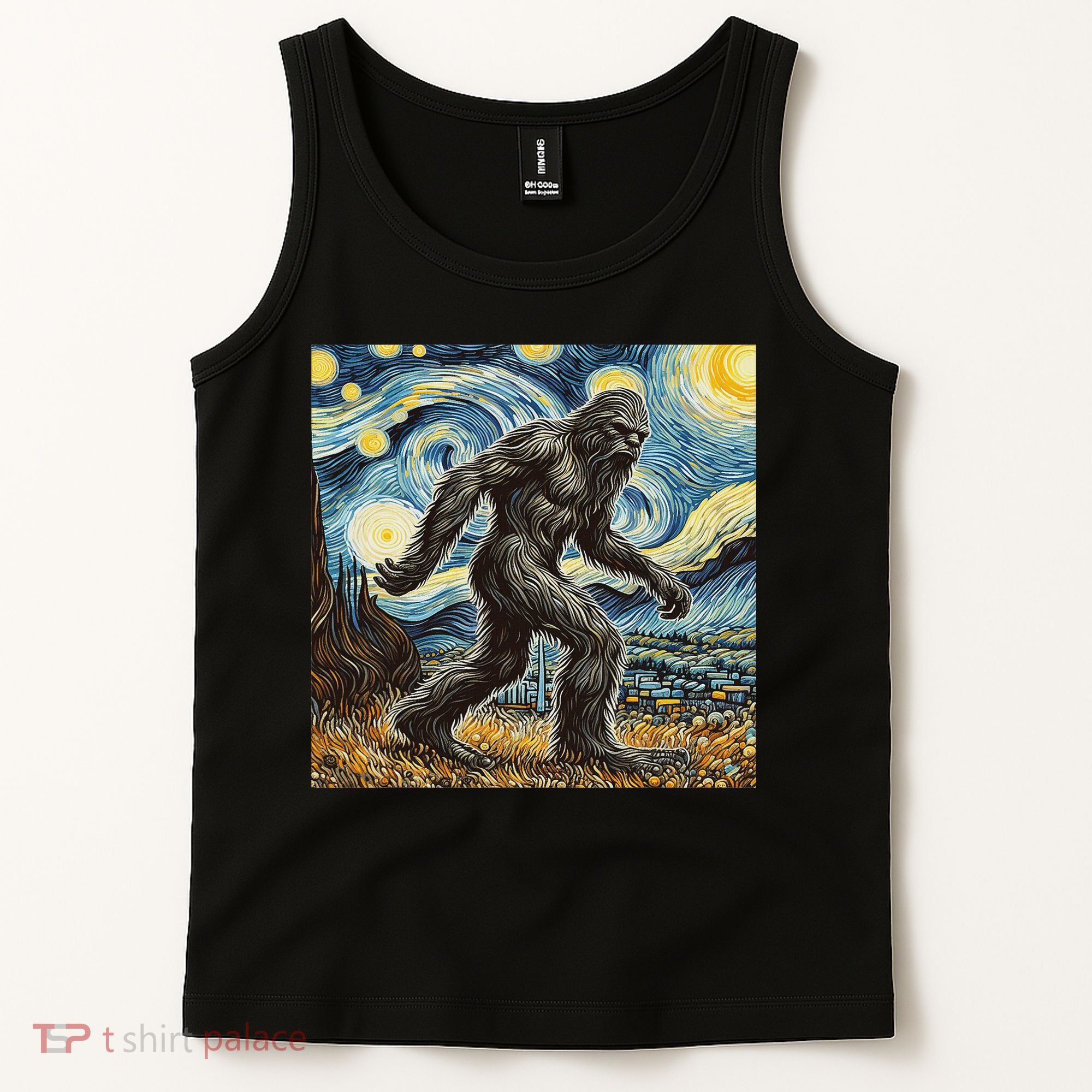 Funny Bigfoot Starry Night Sasquatch Van Gogh Sky Painting Tank Top