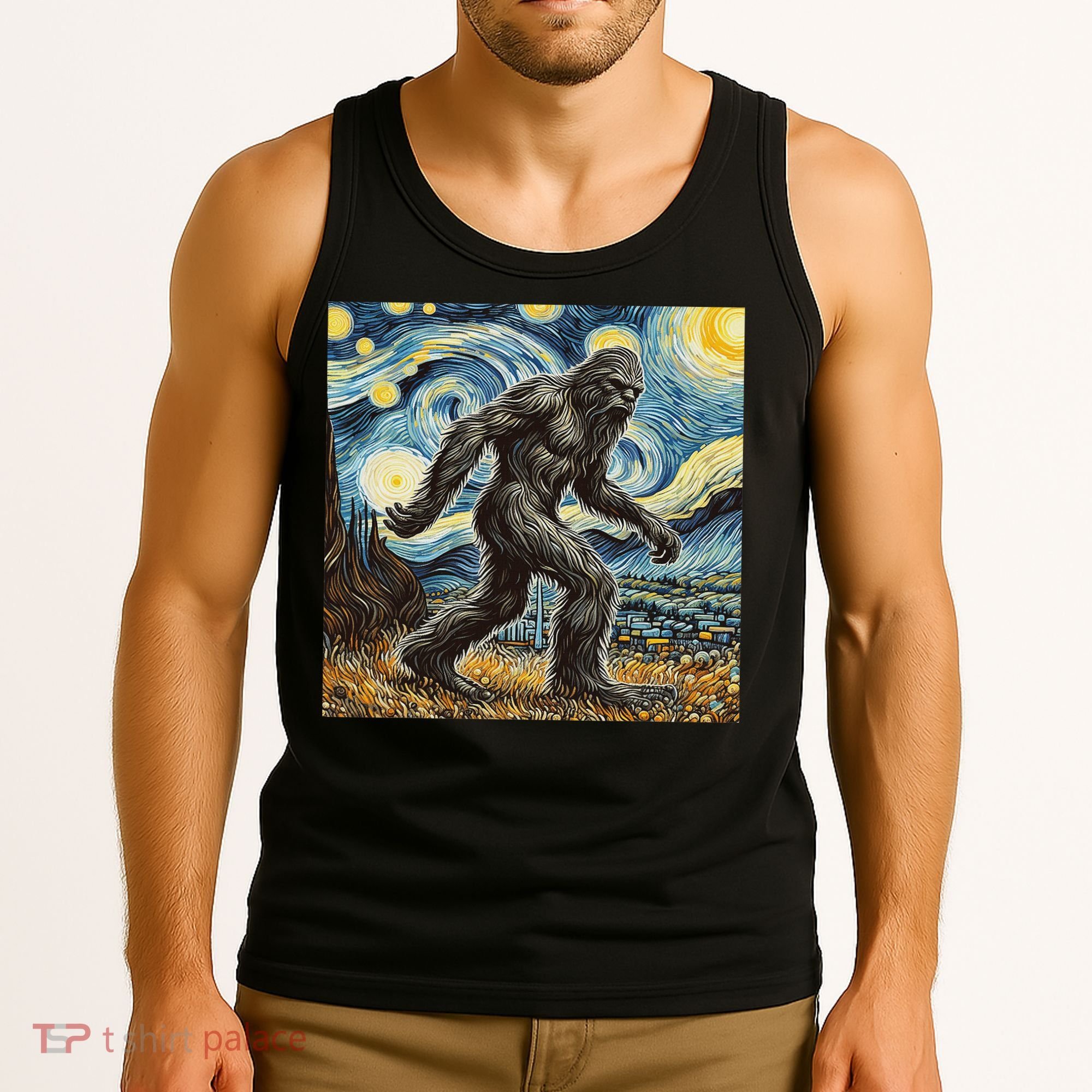 Funny Bigfoot Starry Night Sasquatch Van Gogh Sky Painting Tank Top