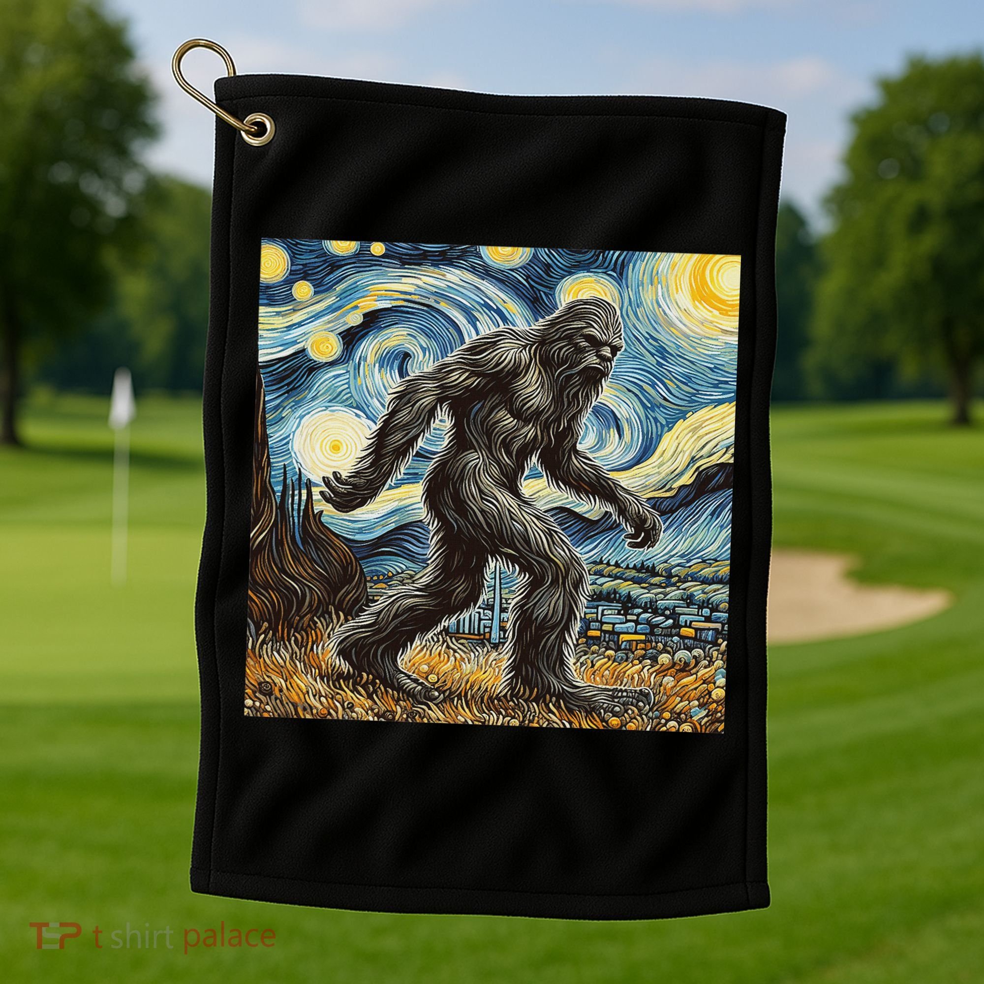 Funny Bigfoot Starry Night Sasquatch Van Gogh Sky Painting Golf Towel