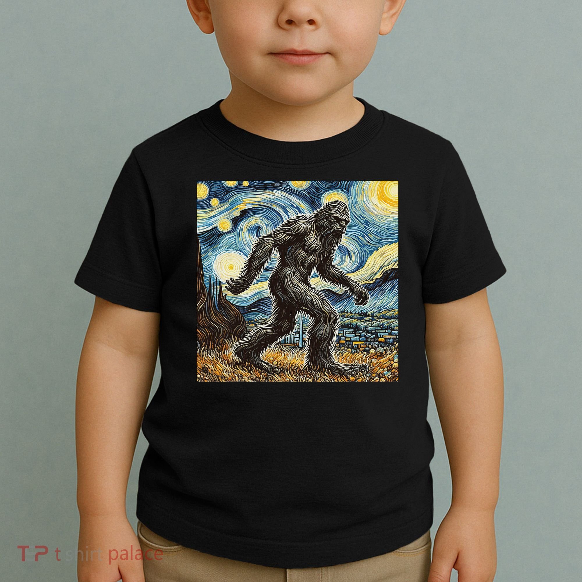 Funny Bigfoot Starry Night Sasquatch Van Gogh Sky Painting Toddler T-Shirt