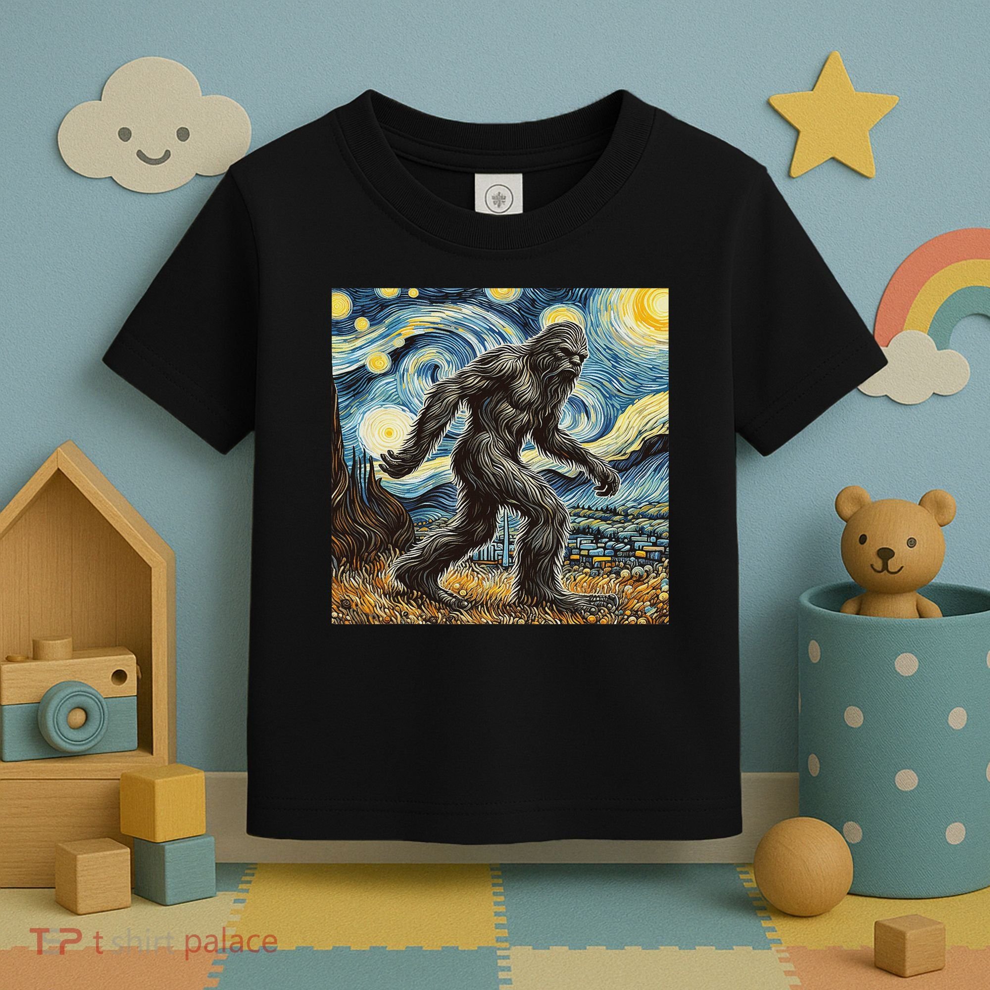 Funny Bigfoot Starry Night Sasquatch Van Gogh Sky Painting Toddler T-Shirt