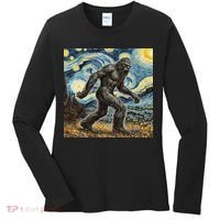 Funny Bigfoot Starry Night Sasquatch Van Gogh Sky Painting Women's Long Sleeve Shirt thumb 0