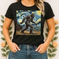 Funny Bigfoot Starry Night Sasquatch Van Gogh Sky Painting Women's T-Shirt thumb 2