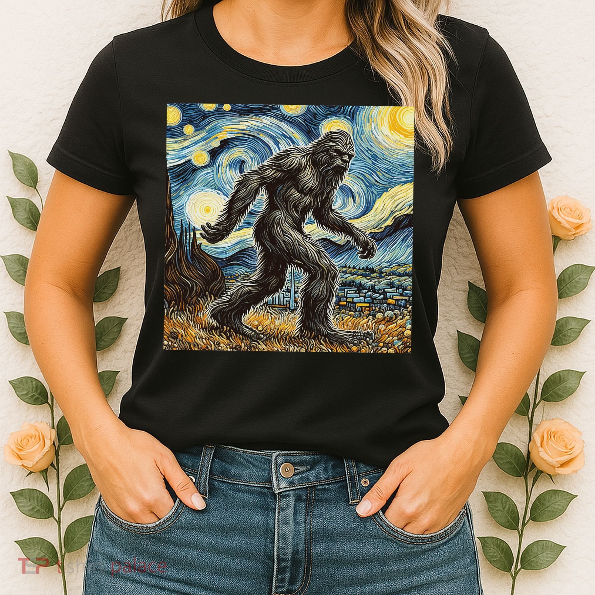 Funny Bigfoot Starry Night Sasquatch Van Gogh Sky Painting Women's T-Shirt