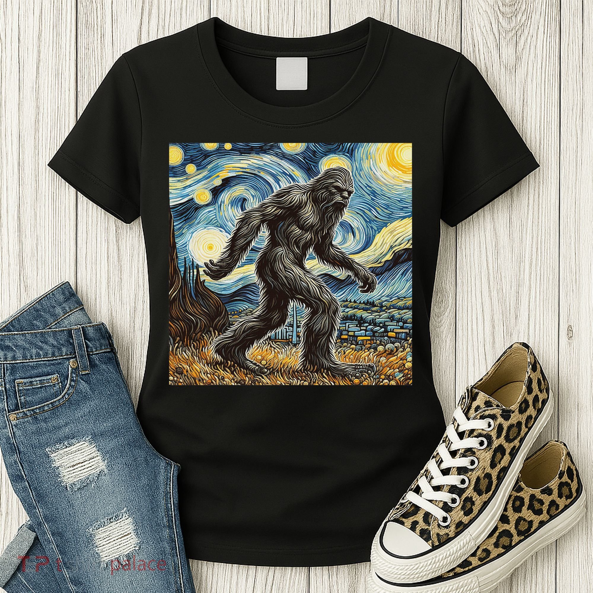 Funny Bigfoot Starry Night Sasquatch Van Gogh Sky Painting Women's T-Shirt