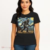 Funny Bigfoot Starry Night Sasquatch Van Gogh Sky Painting Women's T-Shirt thumb 4