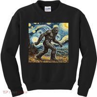 Funny Bigfoot Starry Night Sasquatch Van Gogh Sky Painting Kids Sweatshirt thumb 0