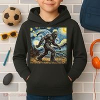 Funny Bigfoot Starry Night Sasquatch Van Gogh Sky Painting Kids Hoodie thumb 2