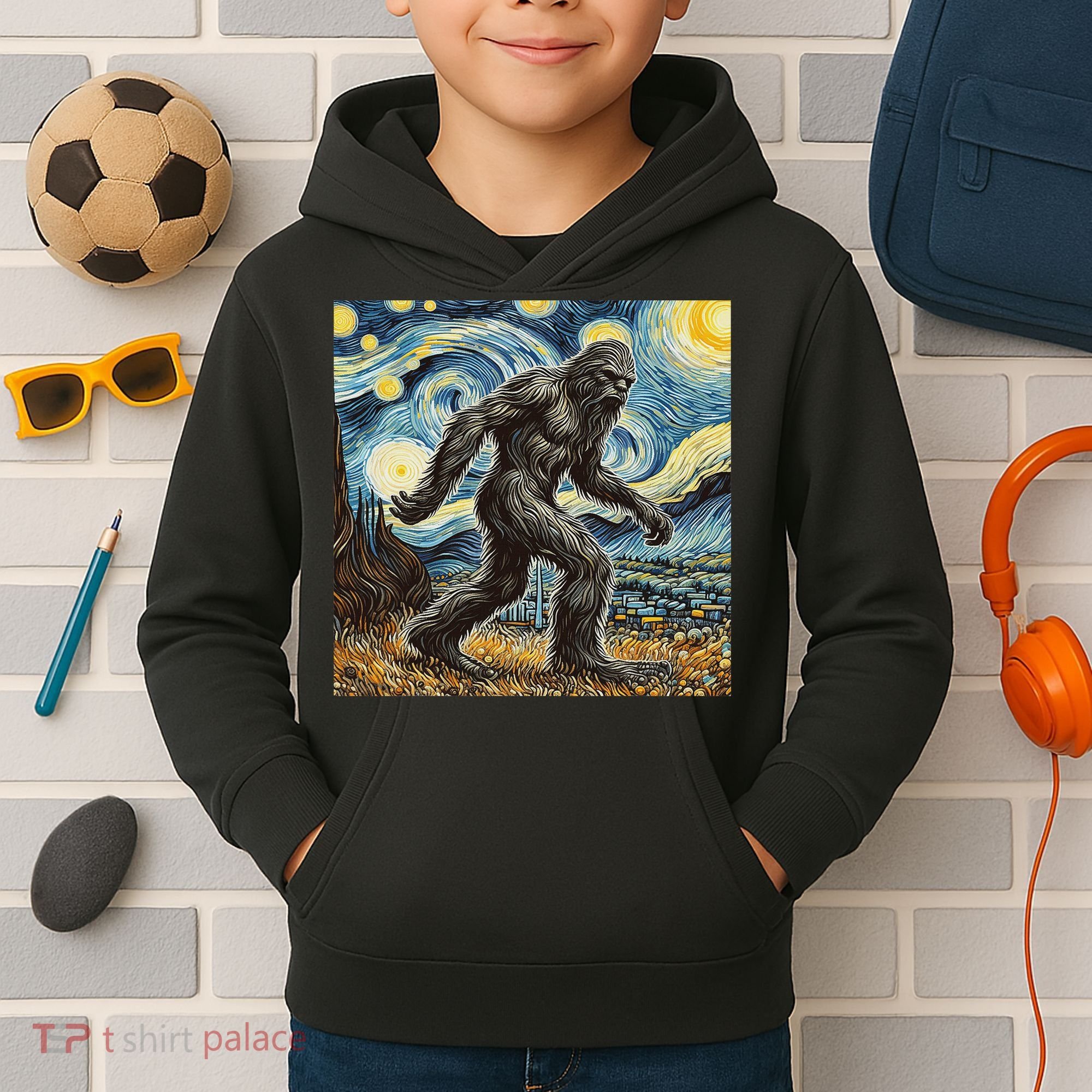 Funny Bigfoot Starry Night Sasquatch Van Gogh Sky Painting Kids Hoodie