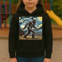 Funny Bigfoot Starry Night Sasquatch Van Gogh Sky Painting Kids Hoodie thumb 3