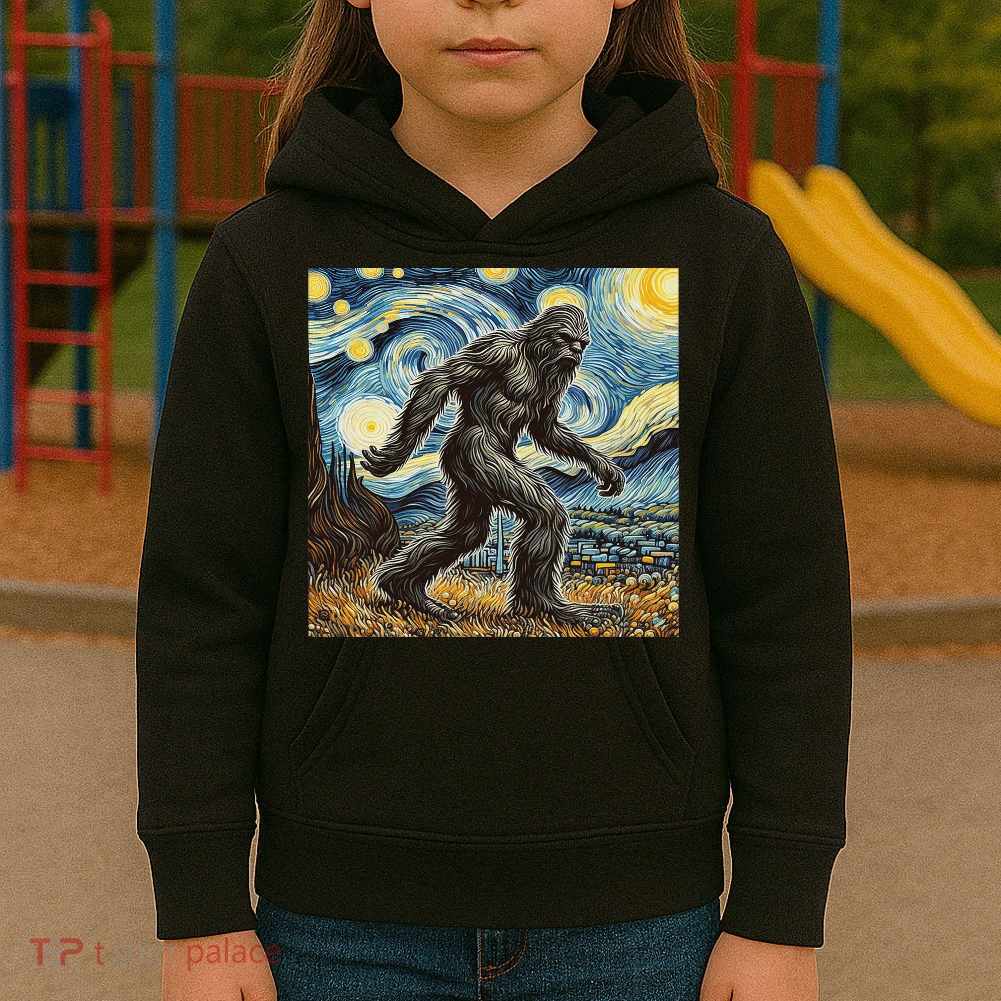 Funny Bigfoot Starry Night Sasquatch Van Gogh Sky Painting Kids Hoodie