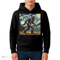 Funny Bigfoot Starry Night Sasquatch Van Gogh Sky Painting Kids Hoodie thumb 4