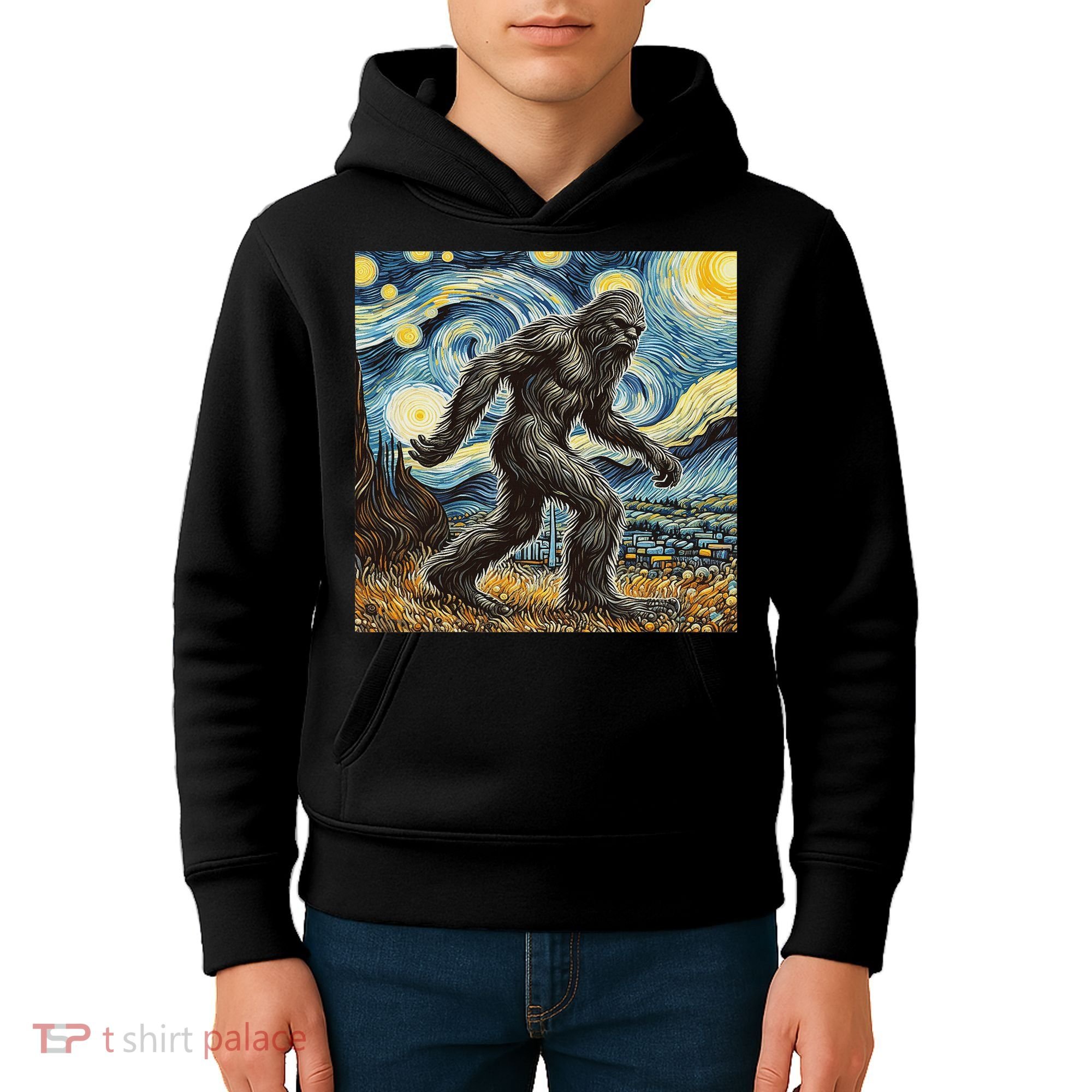 Funny Bigfoot Starry Night Sasquatch Van Gogh Sky Painting Kids Hoodie