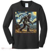 Funny Bigfoot Starry Night Sasquatch Van Gogh Sky Painting Kids Long Sleeve Shirt thumb 0