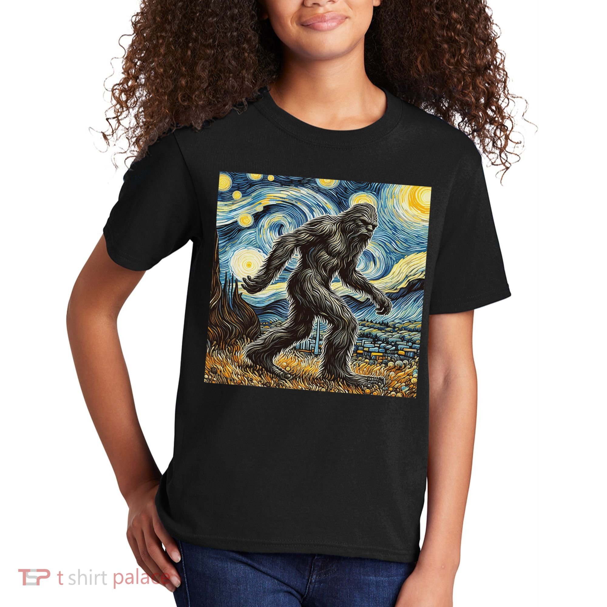 Funny Bigfoot Starry Night Sasquatch Van Gogh Sky Painting Kids T-Shirt