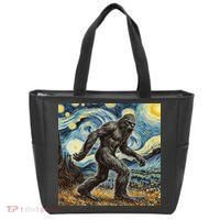 Funny Bigfoot Starry Night Sasquatch Van Gogh Sky Painting Tote Bag thumb 0
