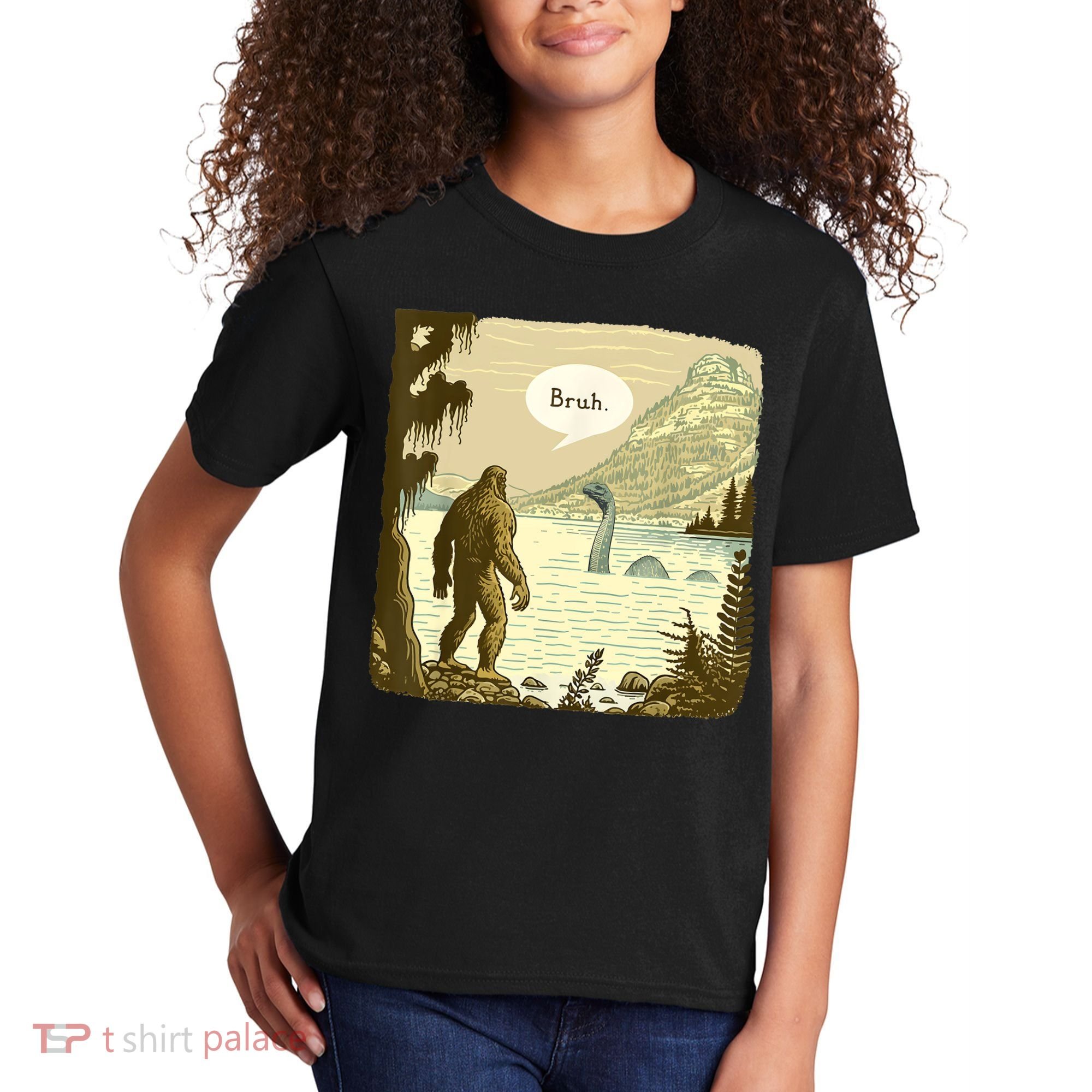 Funny Bigfoot Sasquatch Loch Ness Monster Introvert Bruh Kids T-Shirt
