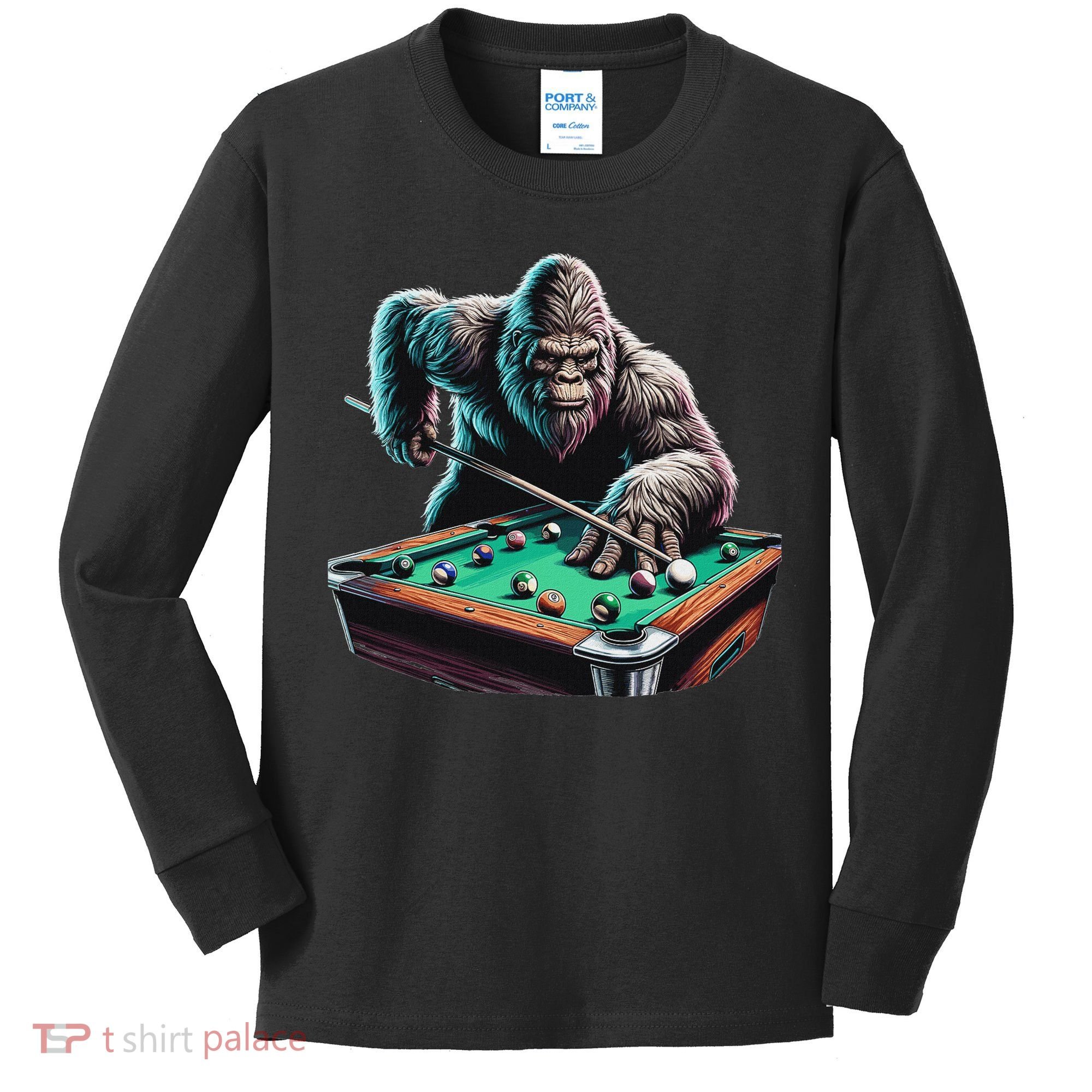 Funny Bigfoot Sasquatch Billiards Pool Player Kids Long Sleeve Shirt
