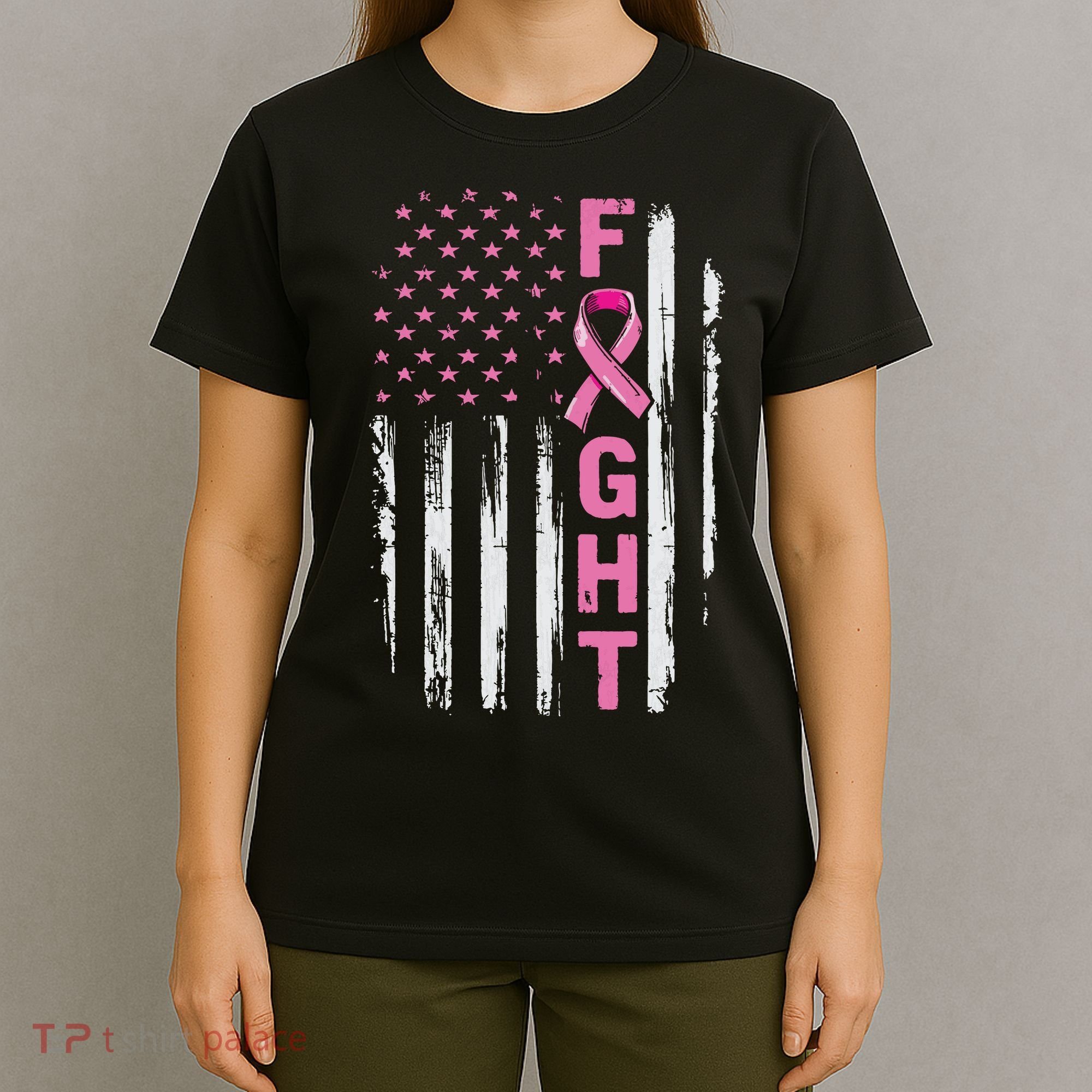 Fight Breast Survivor American Flag Breast Cancer Awareness T-Shirt