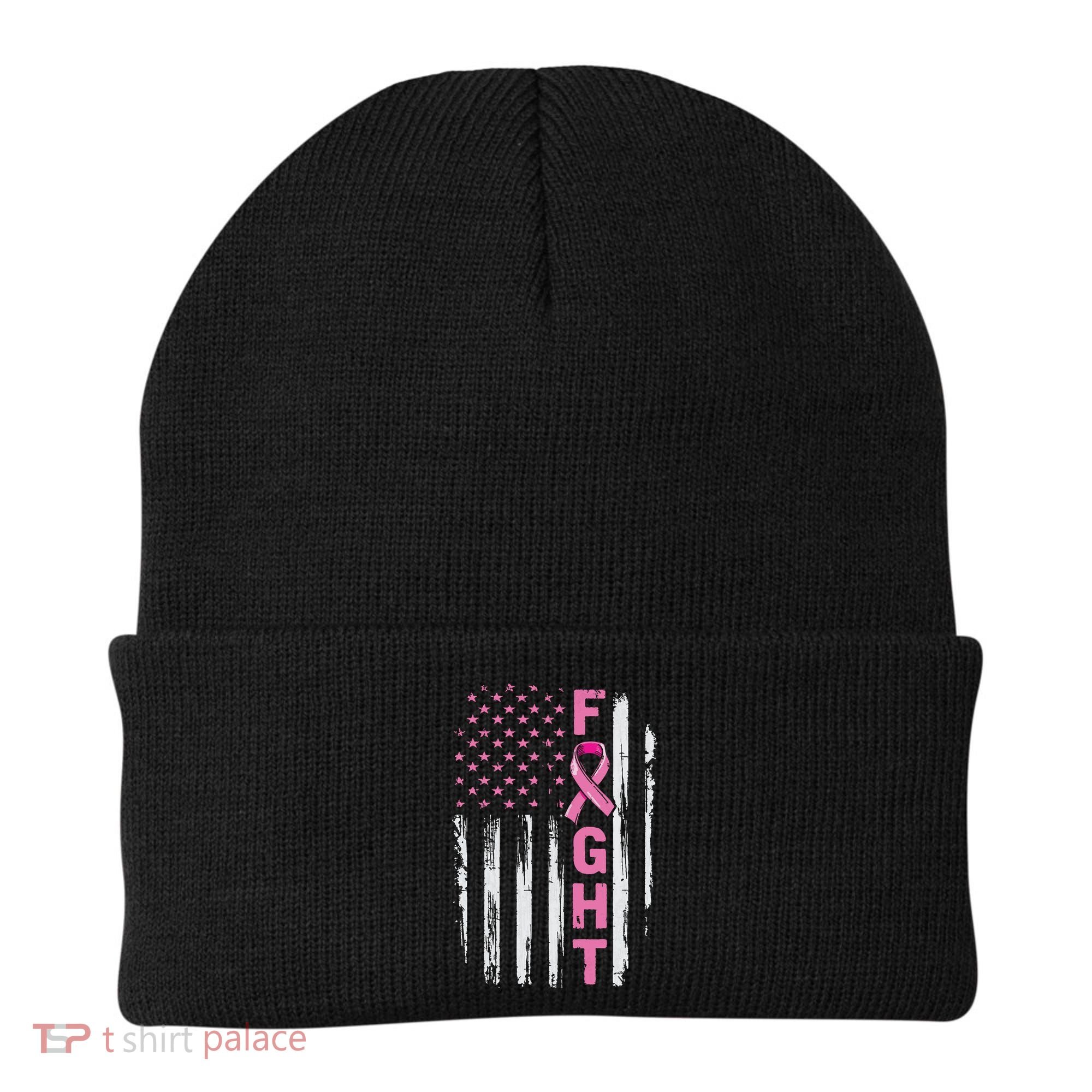 Fight Breast Survivor American Flag Breast Cancer Awareness Beanie