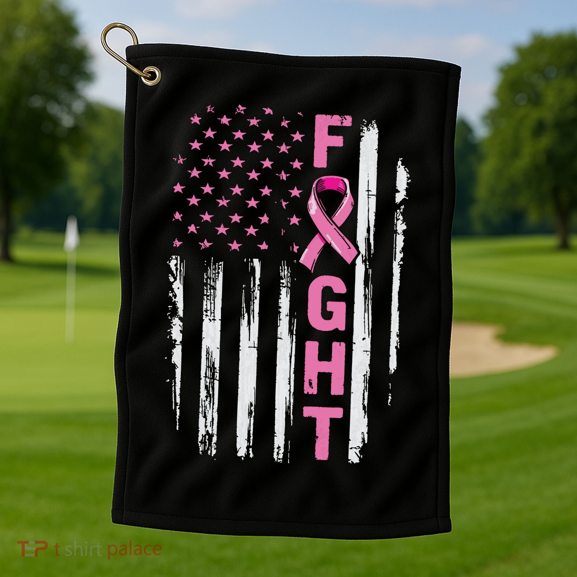 Fight Breast Survivor American Flag Breast Cancer Awareness Golf Towel