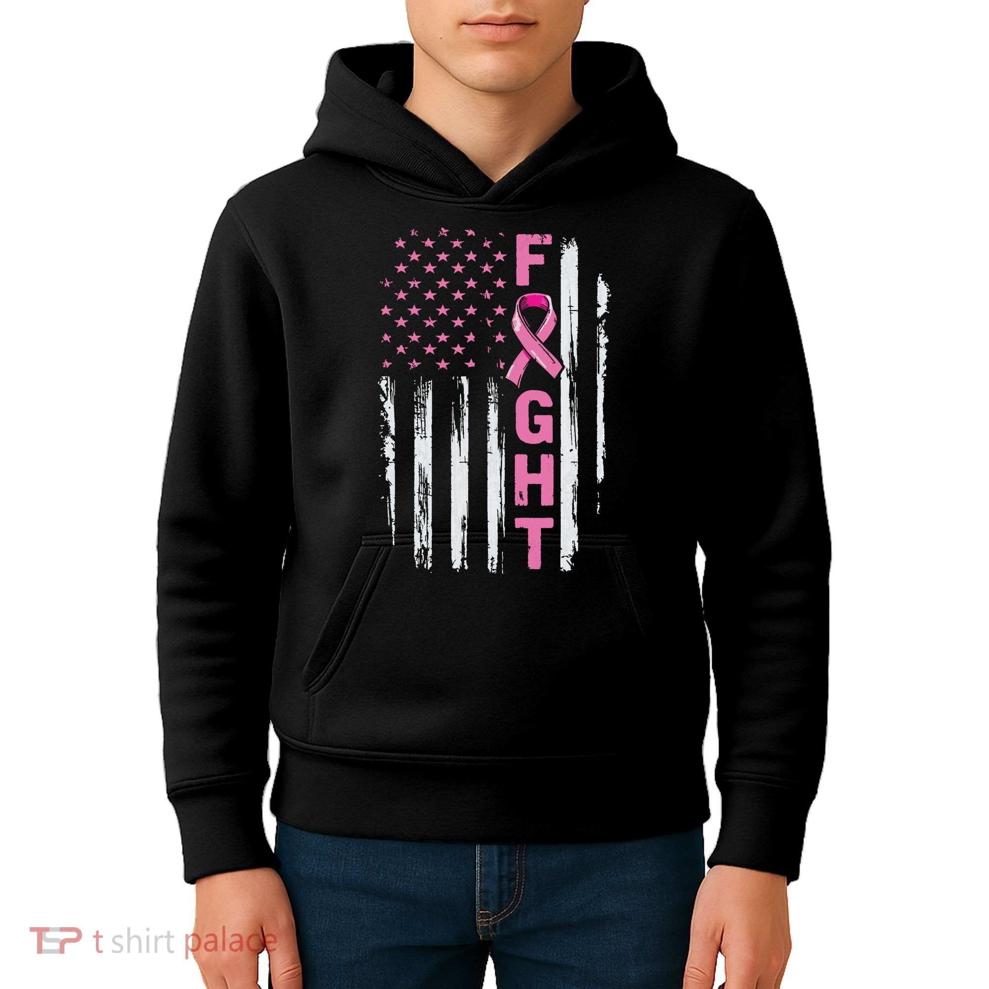 Fight Breast Survivor American Flag Breast Cancer Awareness Kids Hoodie