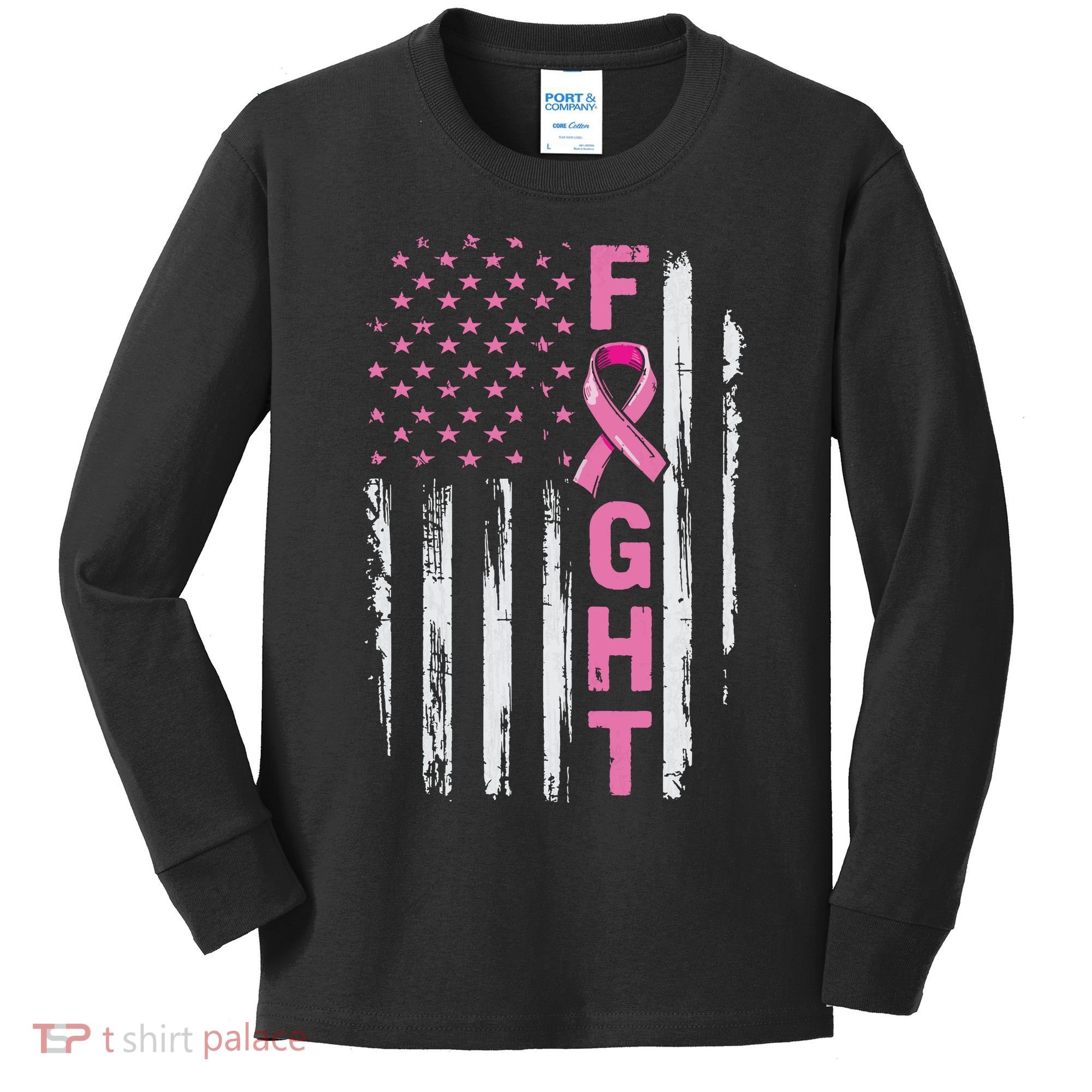 Fight Breast Survivor American Flag Breast Cancer Awareness Kids Long Sleeve Shirt