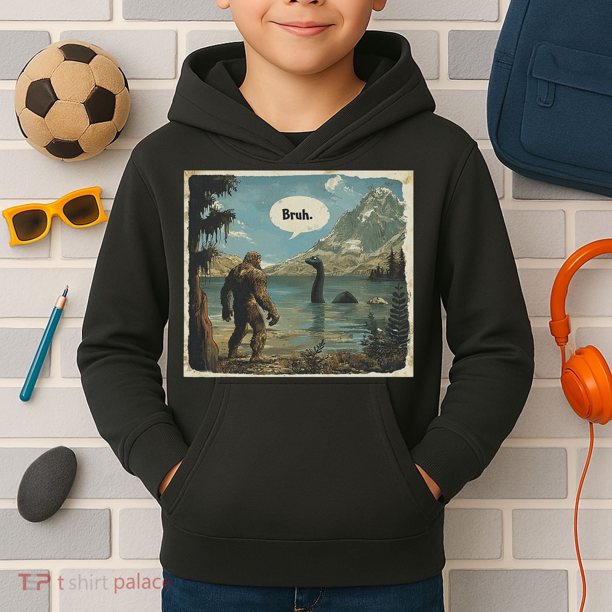 Funny Bigfoot Sasquatch Loch Ness Monster Introvert Bruh Kids Hoodie