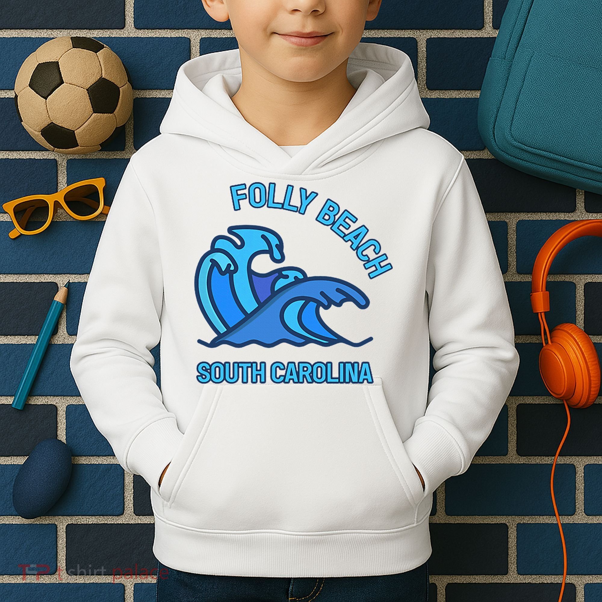 Folly Beach South Carolina Pocket Wave Souvenir Kids Hoodie