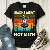 Funny BBQ Skeleton With A Hot Dog Smoke Meat Not Meth Master Women's T-Shirt thumb 3