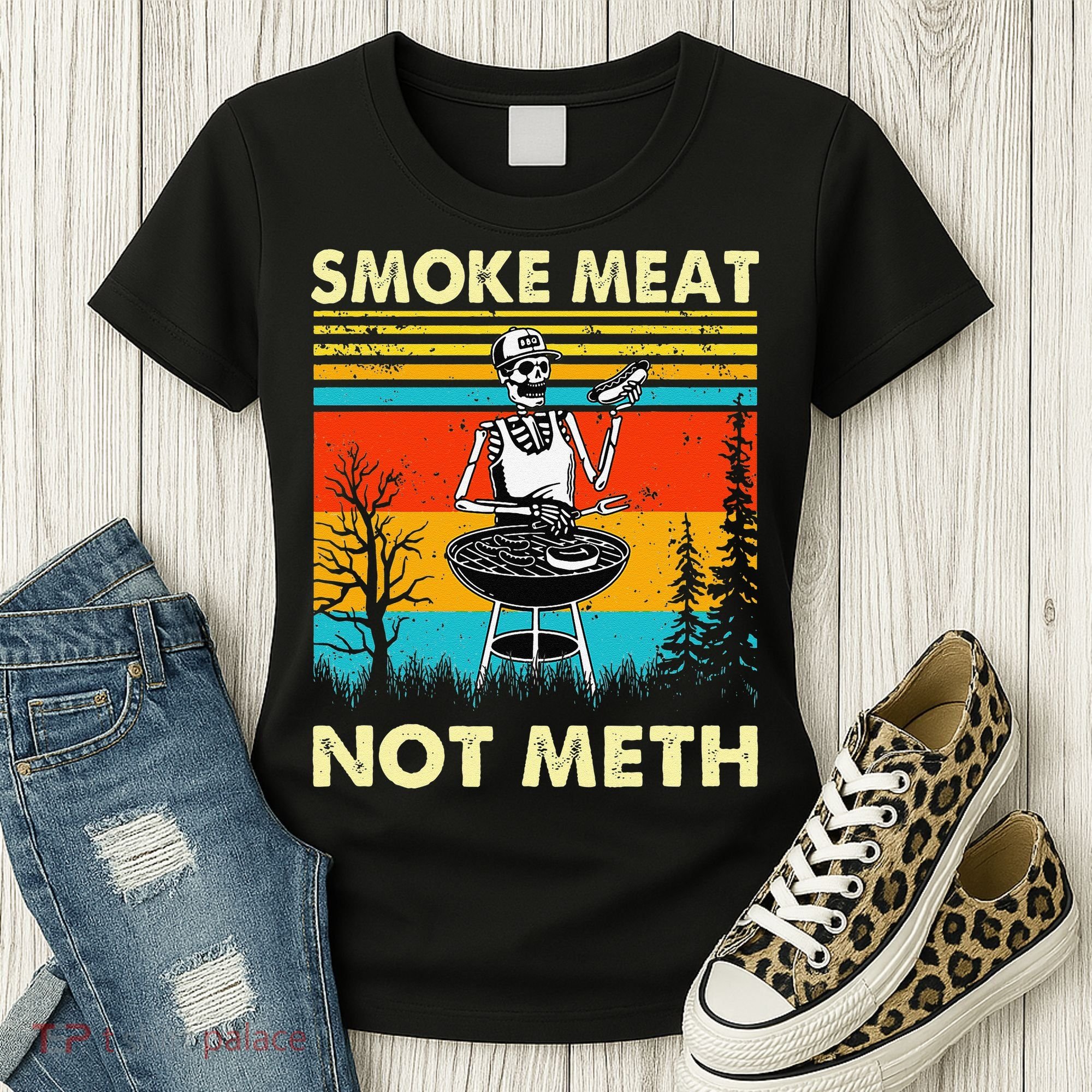 Funny BBQ Skeleton With A Hot Dog Smoke Meat Not Meth Master Women's T-Shirt