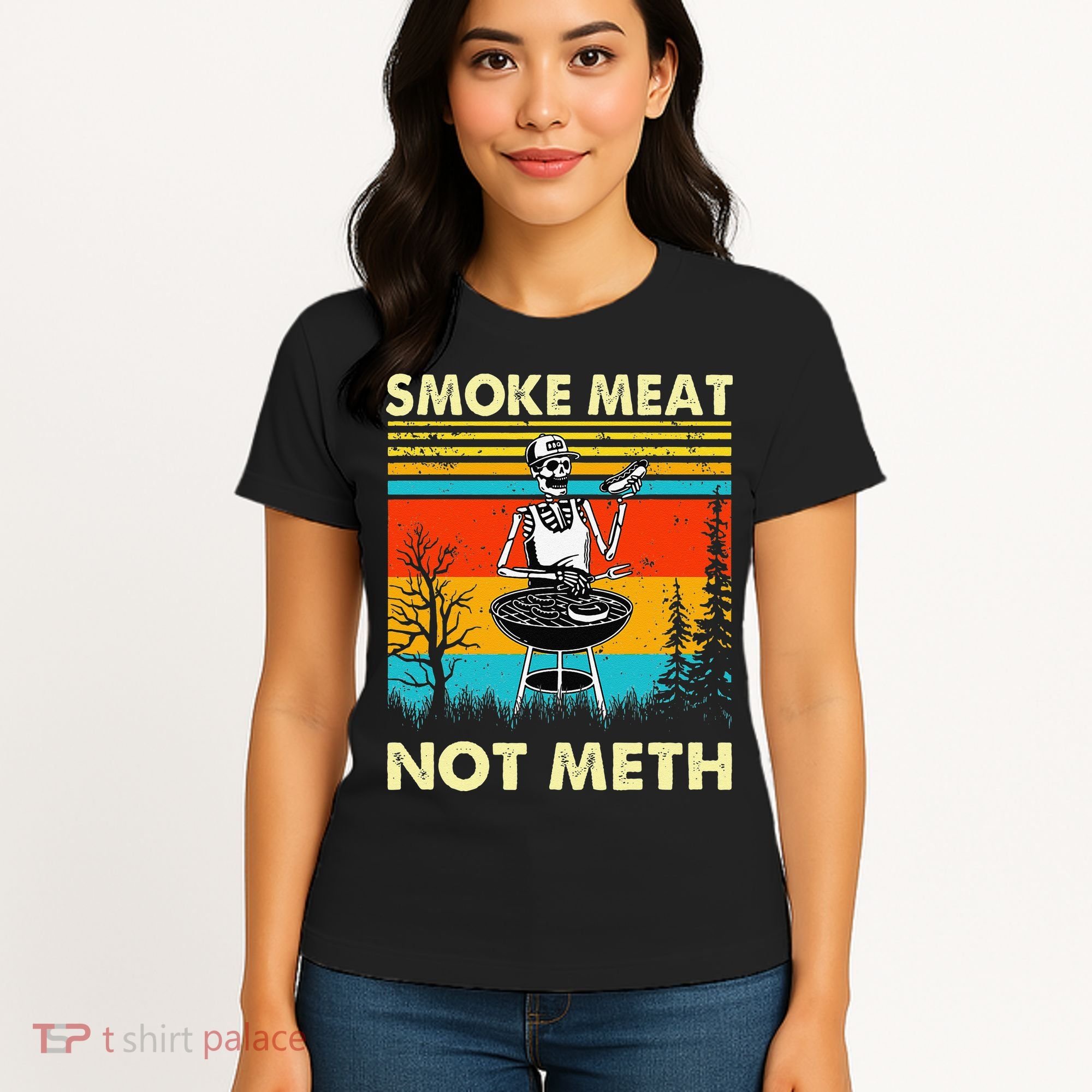 Funny BBQ Skeleton With A Hot Dog Smoke Meat Not Meth Master Women's T-Shirt