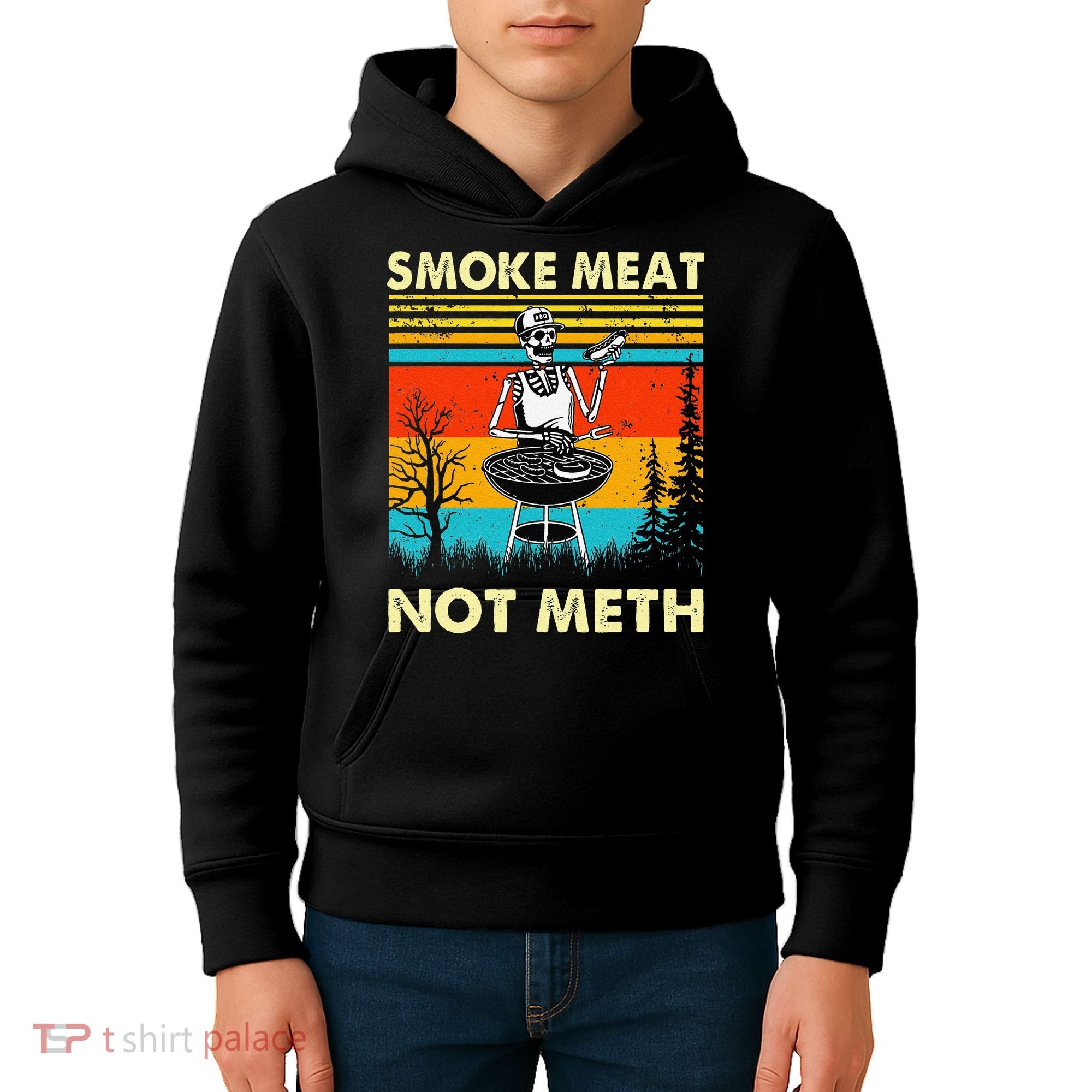 Funny BBQ Skeleton With A Hot Dog Smoke Meat Not Meth Master Kids Hoodie