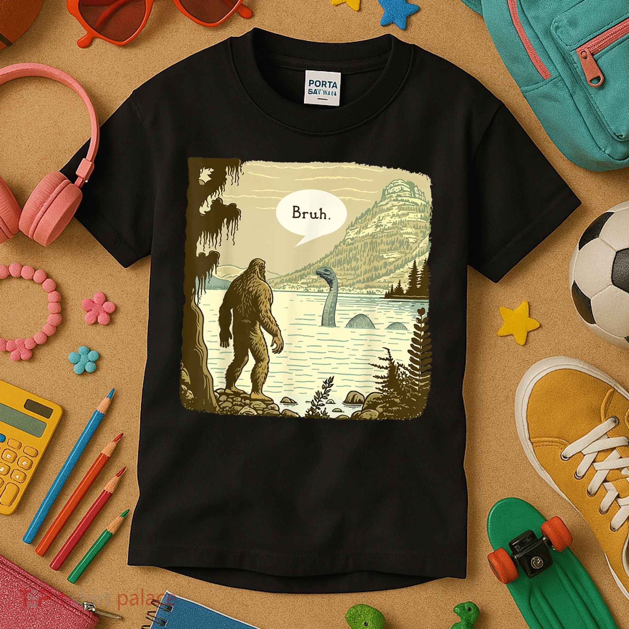 Funny Bigfoot Sasquatch Loch Ness Monster Introvert Bruh Kids T-Shirt