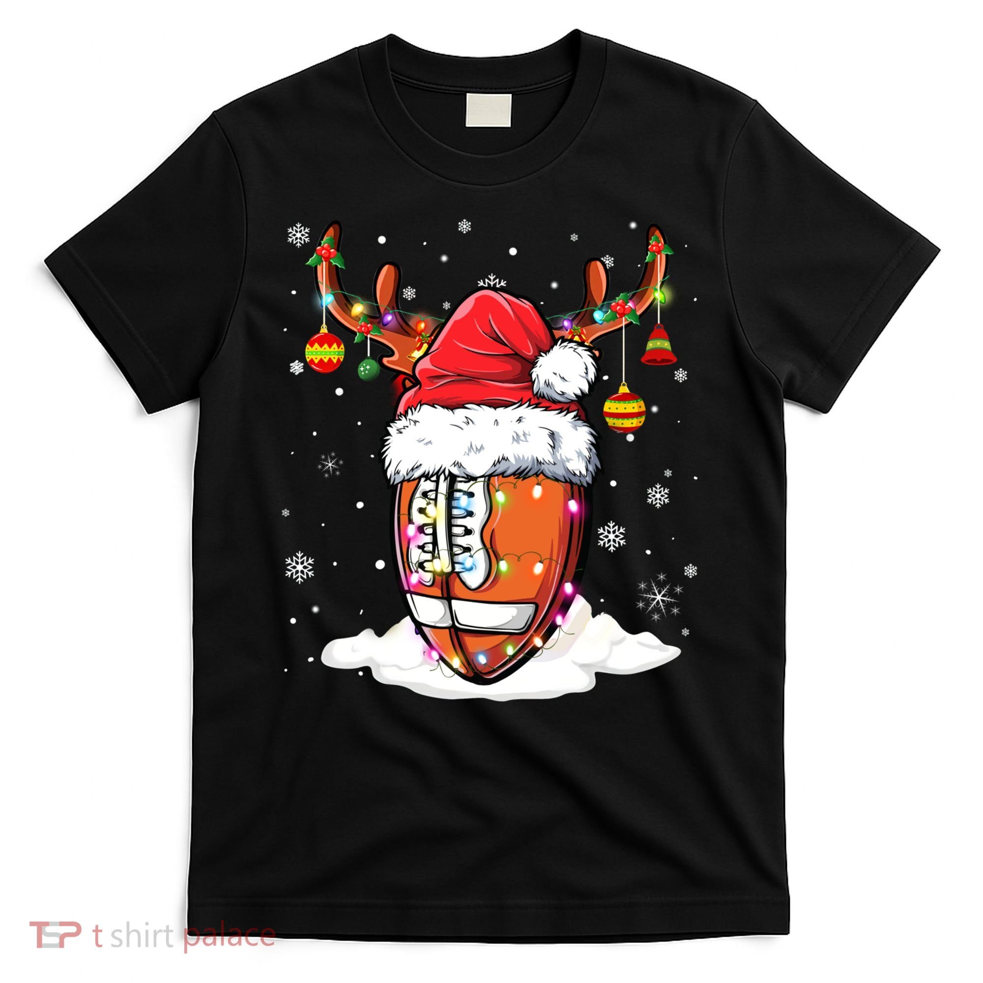Football Ball Santa Hat Reindeer Christmas Lights Boys Mens T-Shirt