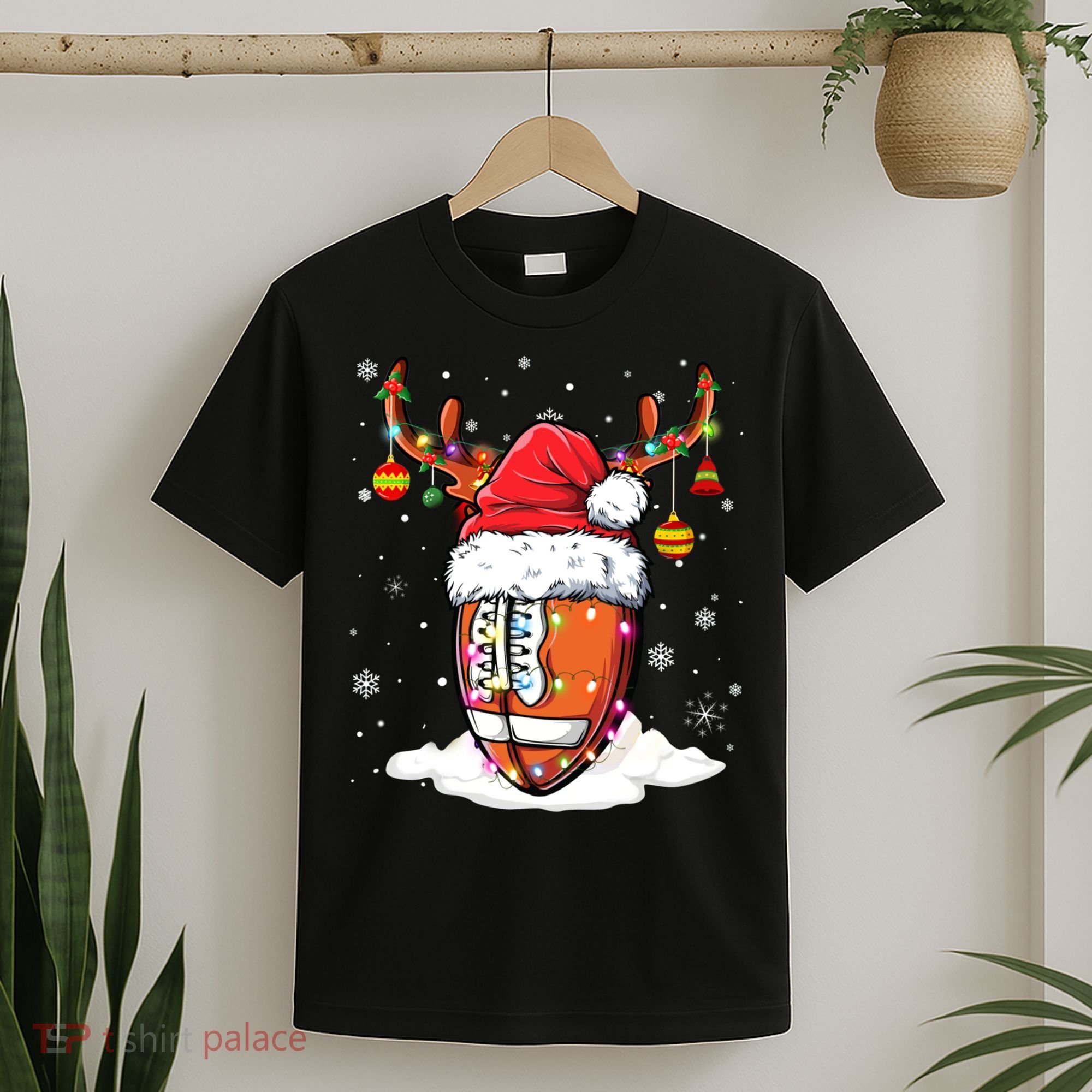 Football Ball Santa Hat Reindeer Christmas Lights Boys Mens T-Shirt