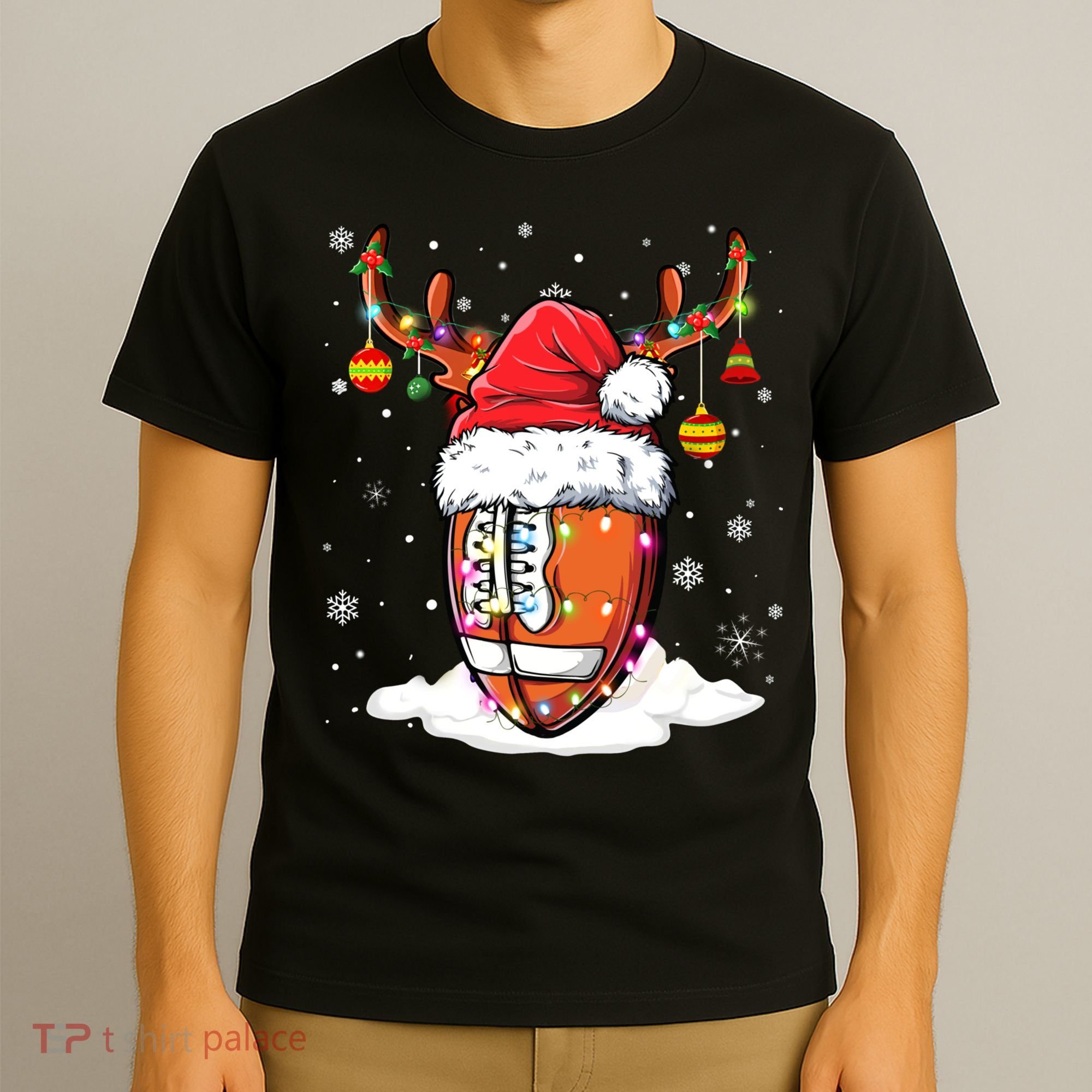 Football Ball Santa Hat Reindeer Christmas Lights Boys Mens T-Shirt
