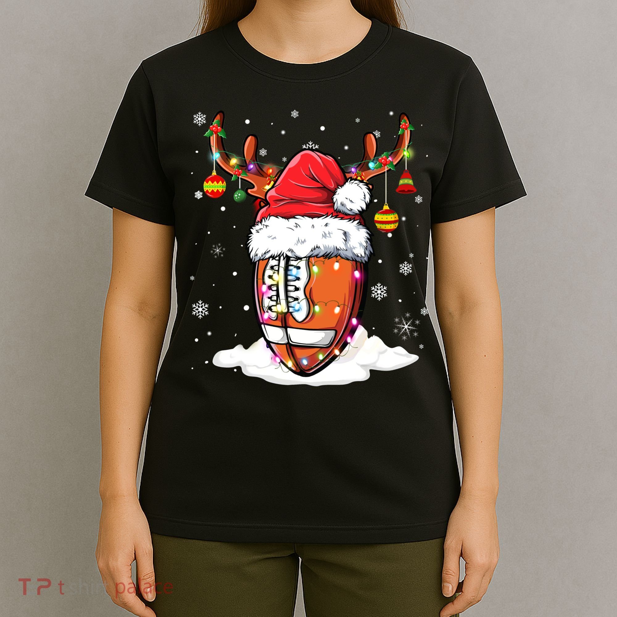 Football Ball Santa Hat Reindeer Christmas Lights Boys Mens T-Shirt