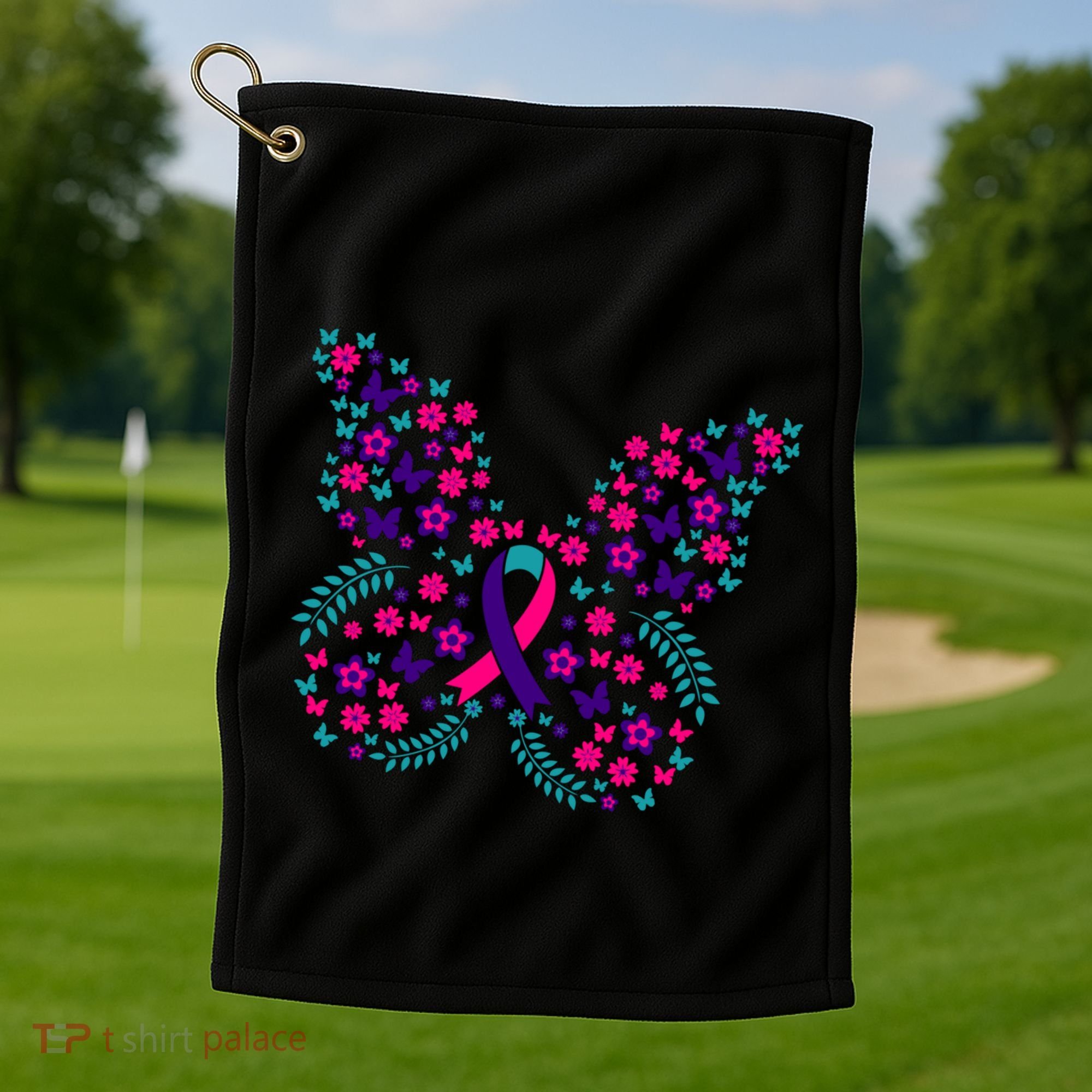 Flower Butterfly Thyroid Cancer Awareness Ribbon Funny Gift Great Gift Golf Towel