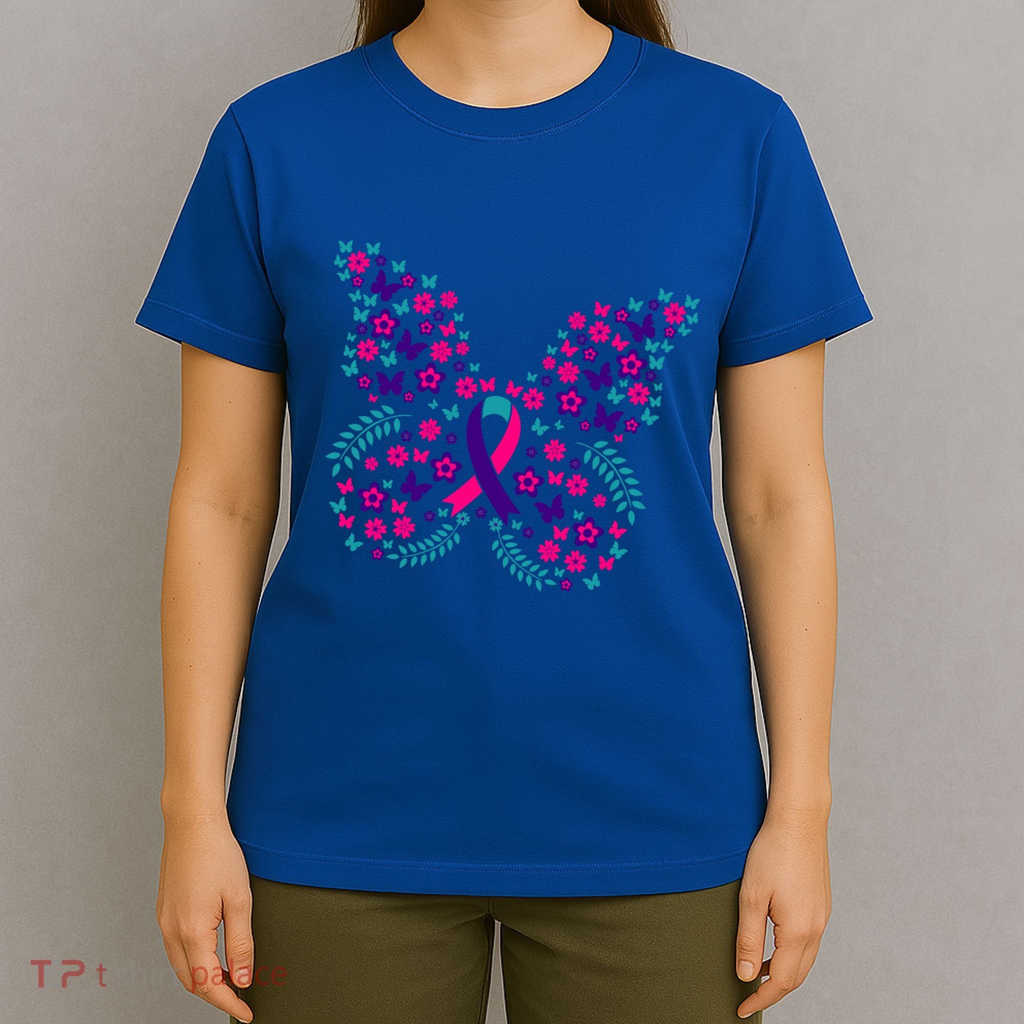 Flower Butterfly Thyroid Cancer Awareness Ribbon Funny Gift Great Gift T-Shirt